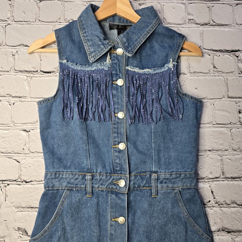 Coco And Shay Denim Fringe Western Cowboy Sleeveless Dress Size Medium - Picture 3 of 12